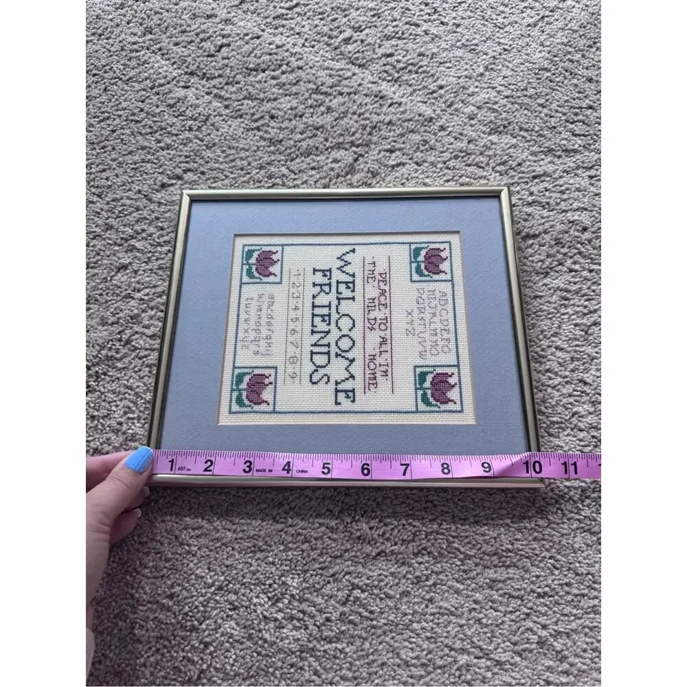 Vintage Framed Welcome Friends Cross Stitch Wall Art Sampler The Hilds Home
